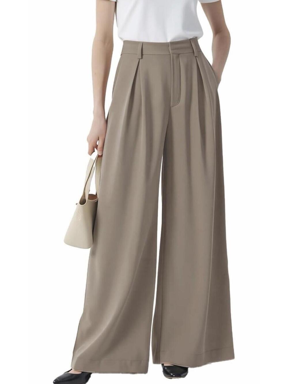 Beige M  Tronjori Women High Waist Casual Wide Leg Long Palazzo Pants Trousers